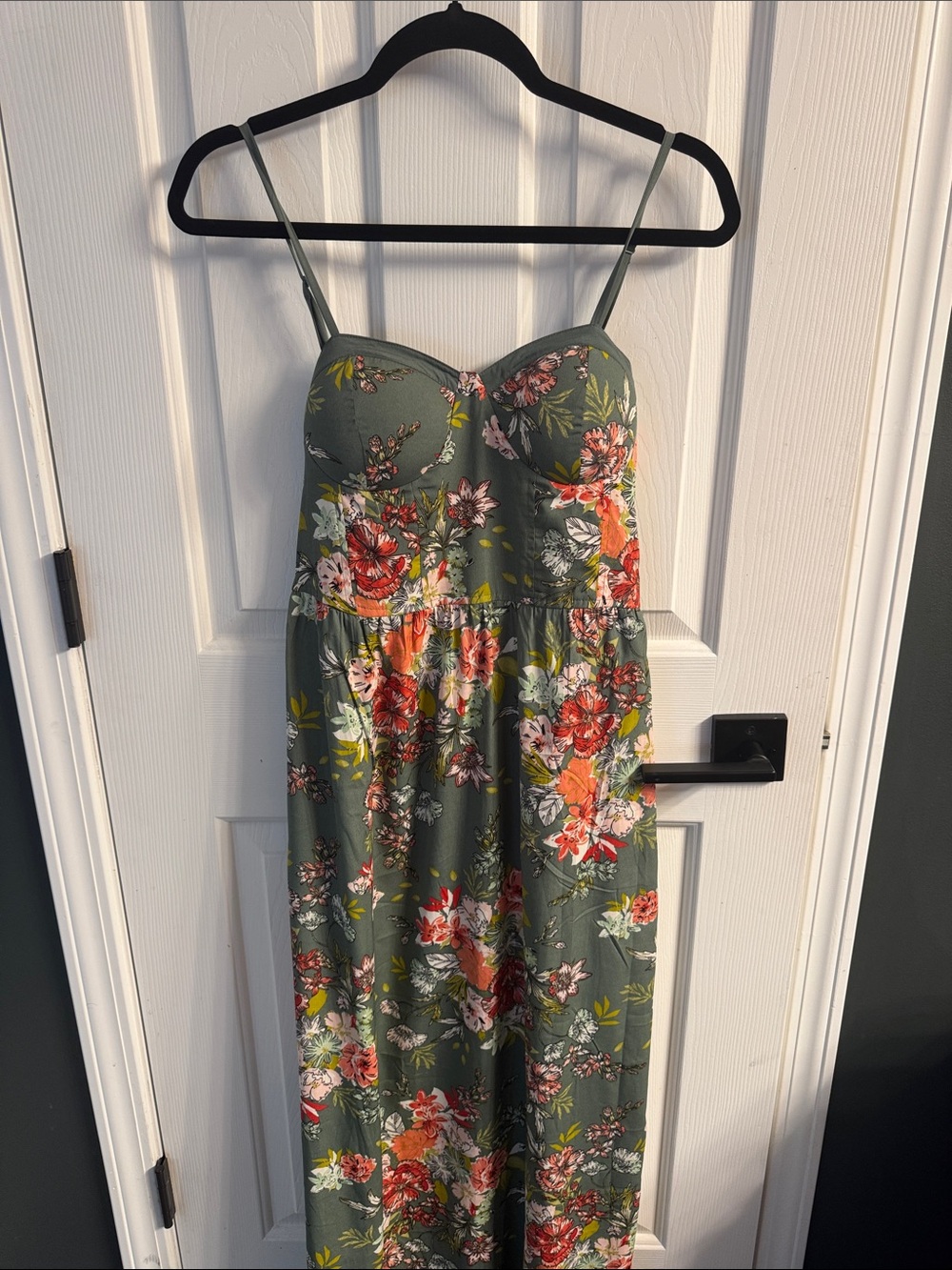 Floral Olive Green Maxi Dress with Spaghetti Straps